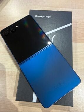 Samsung Z Flip7 Foldable Phone in Metallic Blue and Black